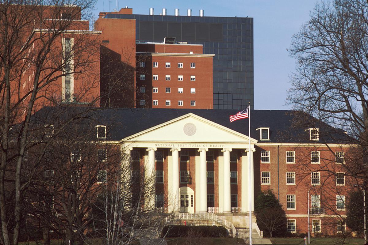 The front of NIH Building 1, where OAR’s first office was housed in 1988. The NIH Clinical Center, where HIV research is conducted, is seen in the background.