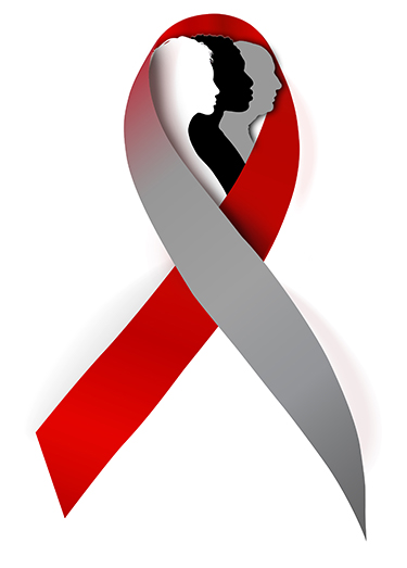Graphic design a red ribbon with silhouettes